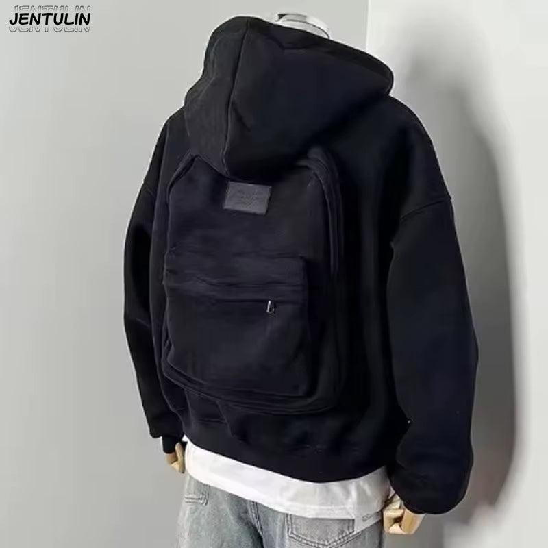 Streetwear Fashion Three Dimensional Backpack Casual Hoodie Y2K Autumn Winter High Street Trend Punk Men'S Top Loose Sportswear