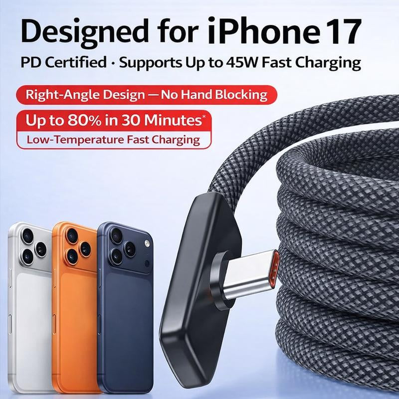 45W USB-C Right Angle Fast Charging Cable for Iphone 15/16/17 Series PD Type-C Charger 90 Degree Gaming Cord No Hand Blocking Durable Braided Data Power Cable