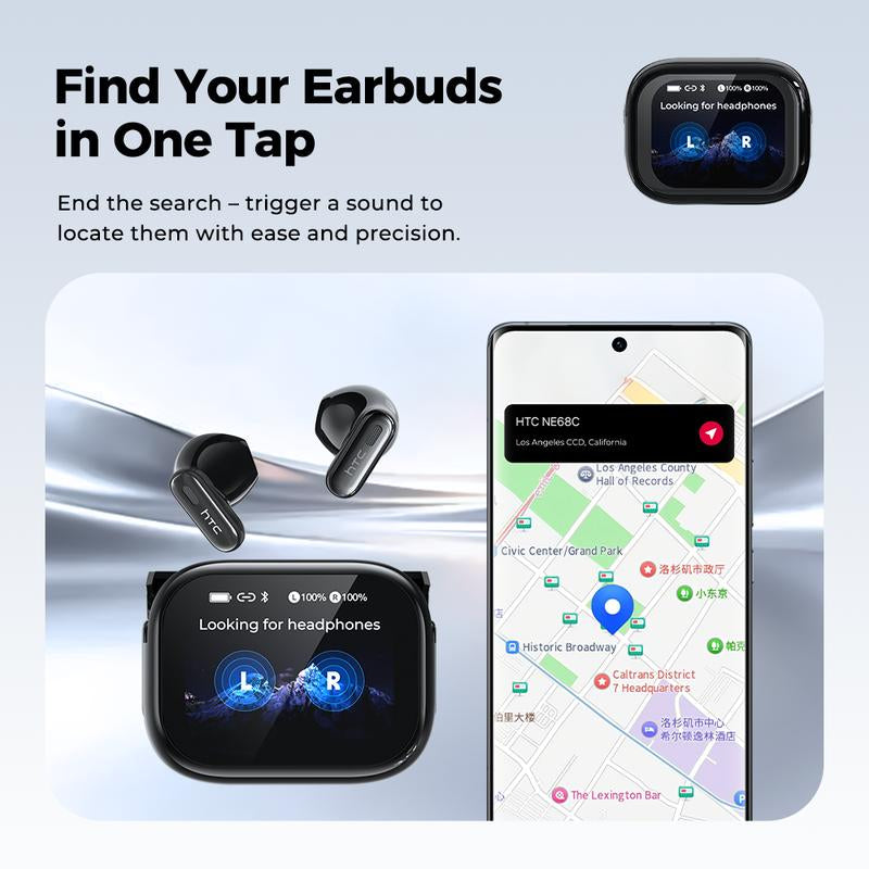 HTC NE68 Bluetooth 6.0 Earphones LCD Touch Screen IPX5 Waterproof Wireless Headphones 60H Playtime, HD Stereo Sound Earbuds, Built-In Microphone for Travel Learning Business