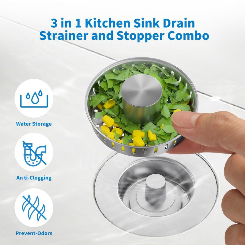 Kitchen Sink Drain Strainer 3 in 1 304 Stainless Steel Pop-Upsink Stopper with Filter Basket, Anti-Clogging Function,Tool-Free Installation