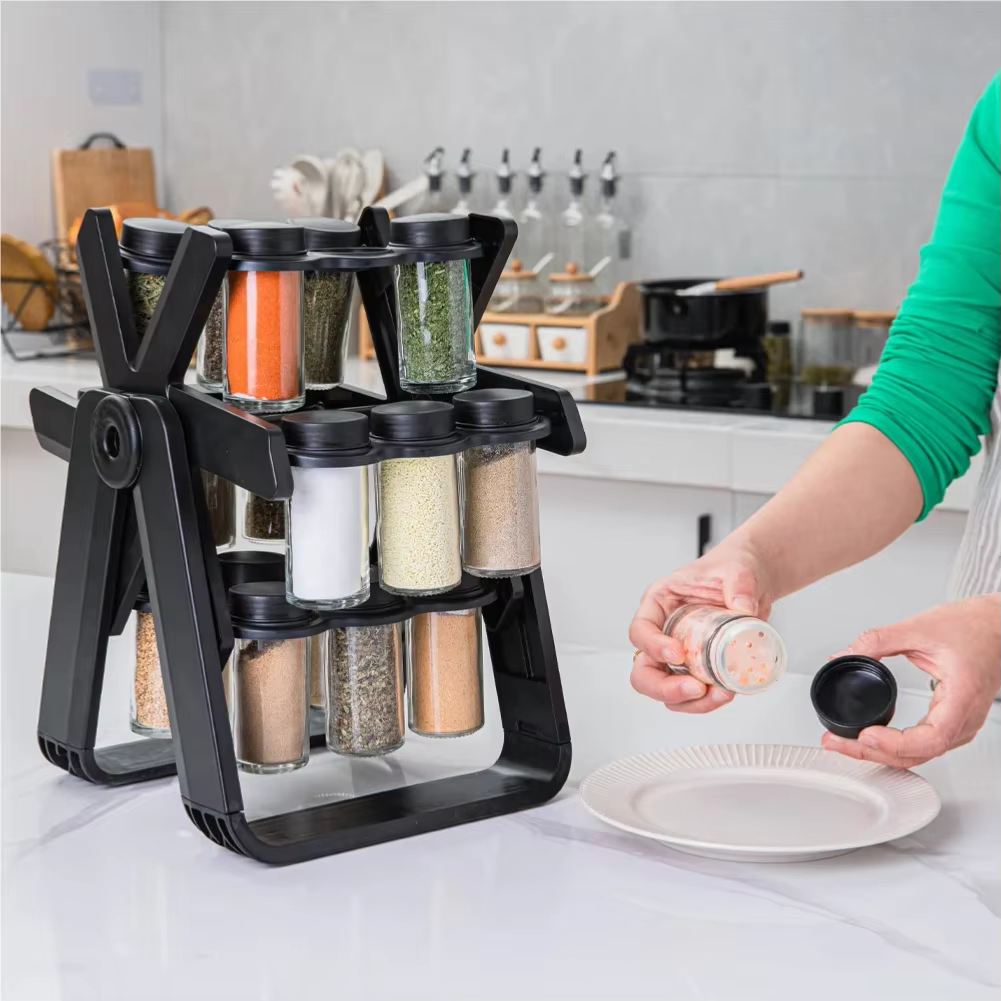 Rotating Glass Spice Rack Set for Kitchen Storage and Seasoning Organization