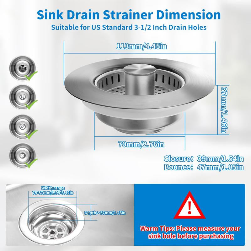 Kitchen Sink Drain Strainer 3 in 1 304 Stainless Steel Pop-Upsink Stopper with Filter Basket, Anti-Clogging Function,Tool-Free Installation