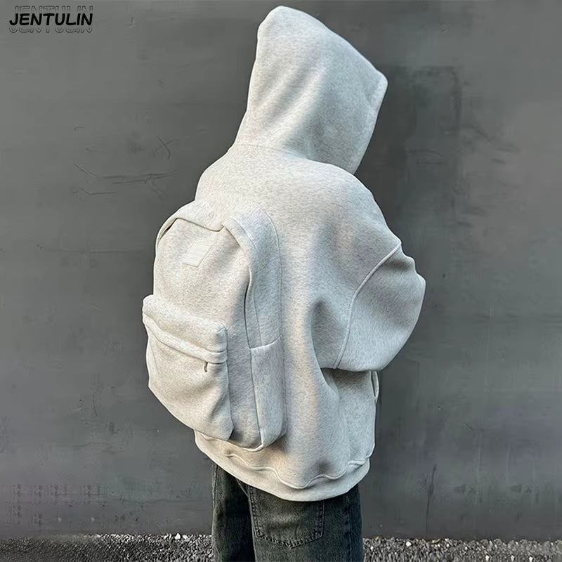 Streetwear Fashion Three Dimensional Backpack Casual Hoodie Y2K Autumn Winter High Street Trend Punk Men'S Top Loose Sportswear