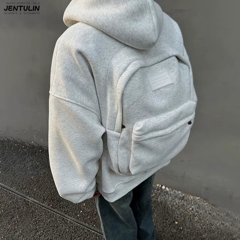 Streetwear Fashion Three Dimensional Backpack Casual Hoodie Y2K Autumn Winter High Street Trend Punk Men'S Top Loose Sportswear