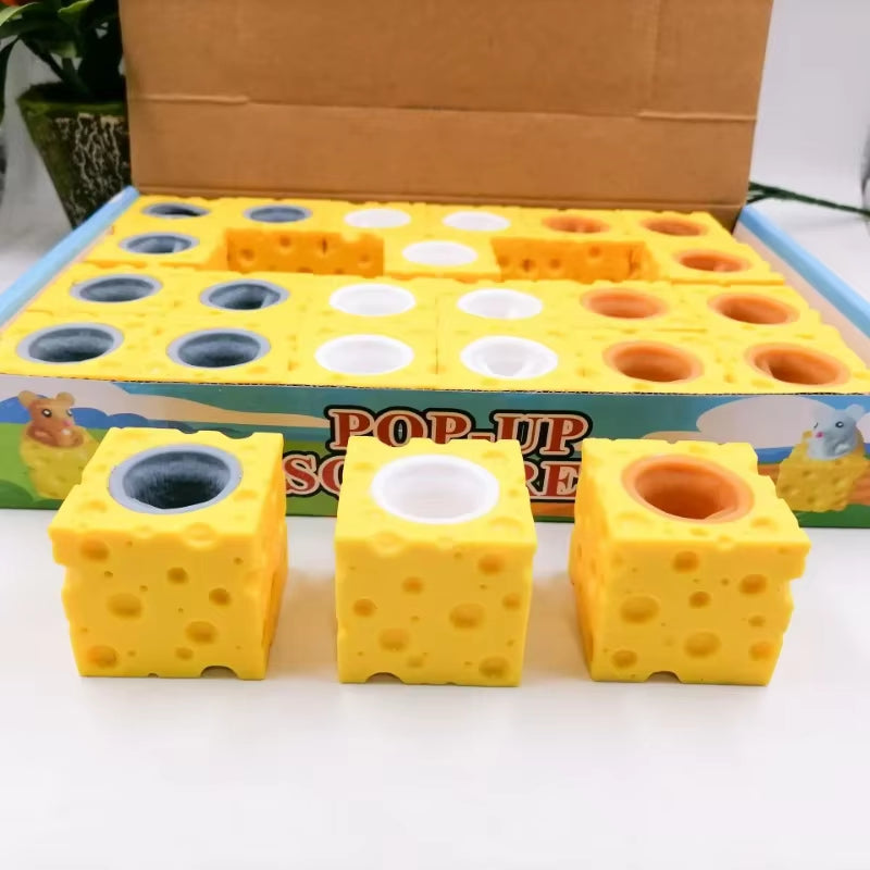 Pop up Funny Mouse and Cheese Block Squeeze Anti-Stress Toy Hide and Seek Figures Stress Relief Fidget Toys for Kids Adult