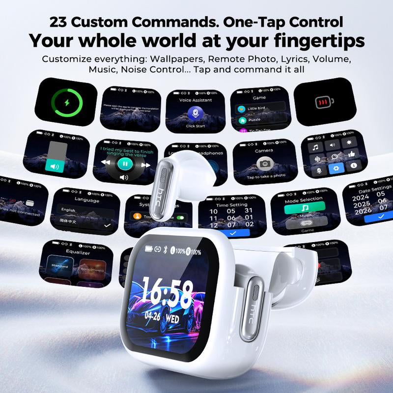 HTC NE68 Bluetooth 6.0 Earphones LCD Touch Screen IPX5 Waterproof Wireless Headphones 60H Playtime, HD Stereo Sound Earbuds, Built-In Microphone for Travel Learning Business