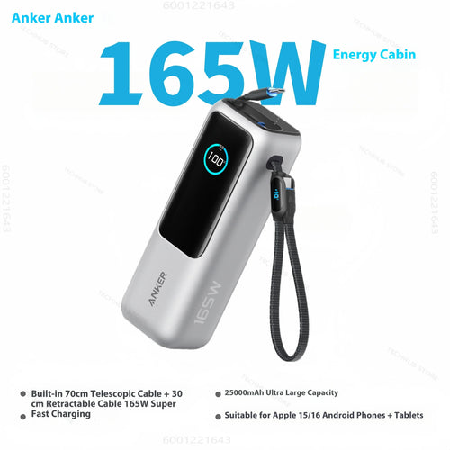 Anker Zolo Power Bank 25000Mah 165W Max Fast Charge High Capacity Retractable Cables Mobile Phone Power Bank Lightweight PC