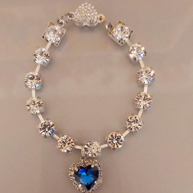 Royal Jewel Collection Pet Collar Blue Diamond Heart Necklace Magnetic Breakaway Safe with Crystal Diamond for Small Dogs & Cats