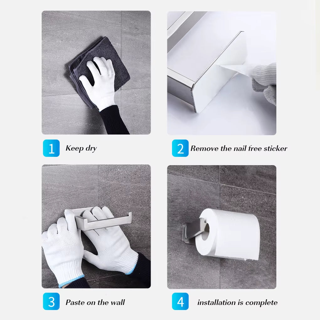 Stainless Steel Toilet Roll Holder Self Adhesive in Bathroom Tissue Paper Holder Black Finish,Easy Installation No Screw