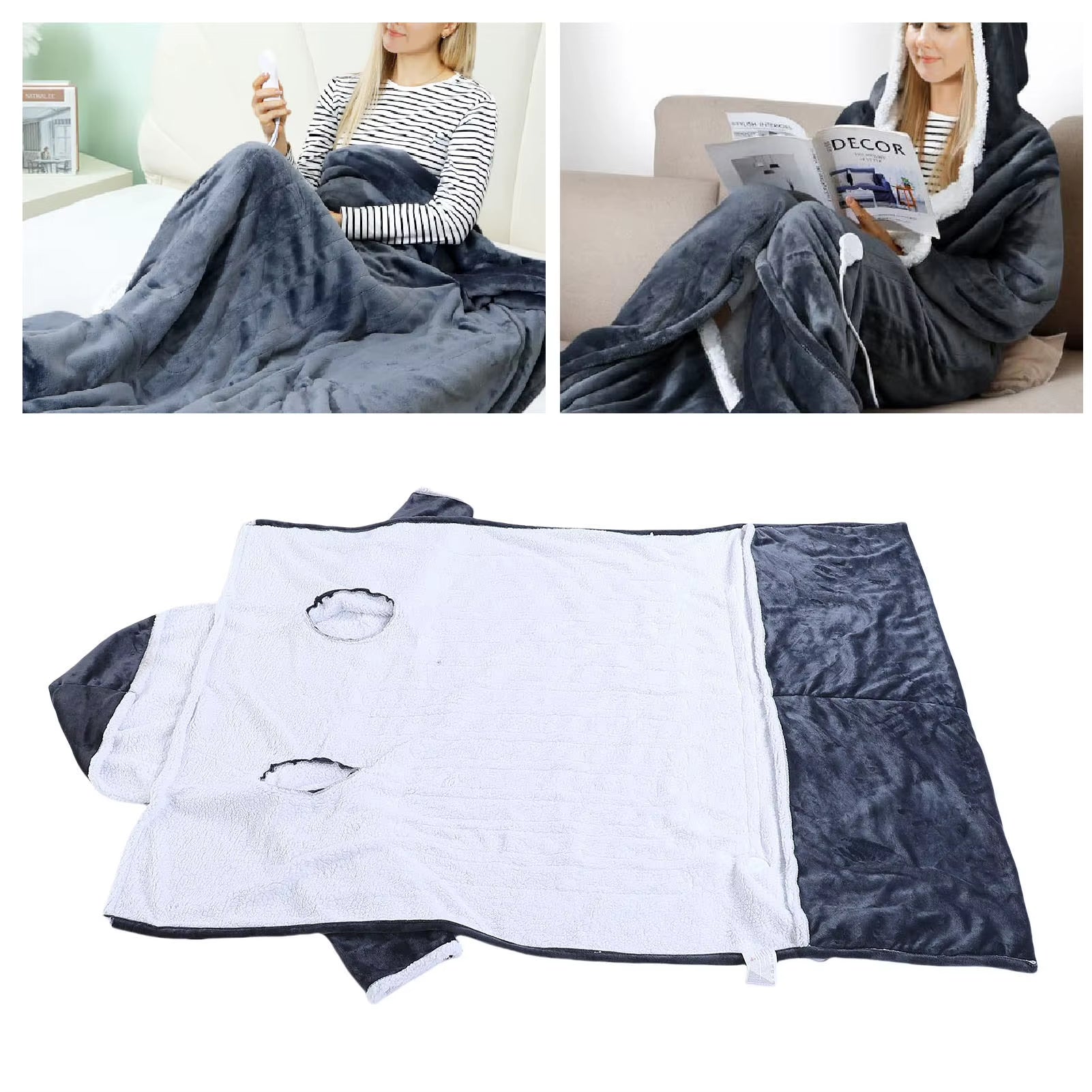 Heated Blanket with Sleeves Hood and Foot Pocket Flannel 10 Heating Levels Electric Wearable Blanket with 3 Time Settings for Fa