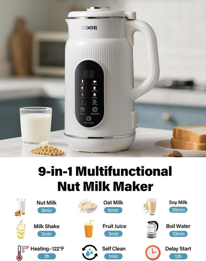 GDOR Nut Milk Maker 42Oz Almond Oat Soy Milk Machine & Smoothie Blender 9-In-1 Plant-Based with Large Touch Screen Keep Warm Boil Water Self-Cleaning