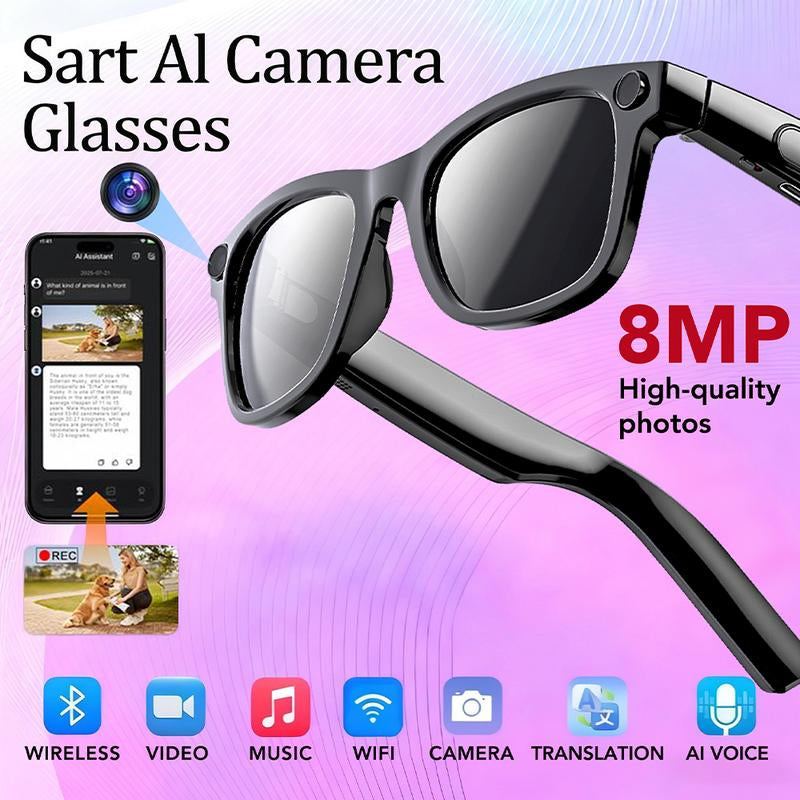 Smart AI Camera Glasses with 8MP Photochromic Lenses ,Button Touch Adjustment for Travel Outdoor Adventures Hands-Free Photography 160+Languages Real-Time Translation Bluetooth Wireless Wearable Video Recording UV Protection ,Black Friday & Cyber Monday