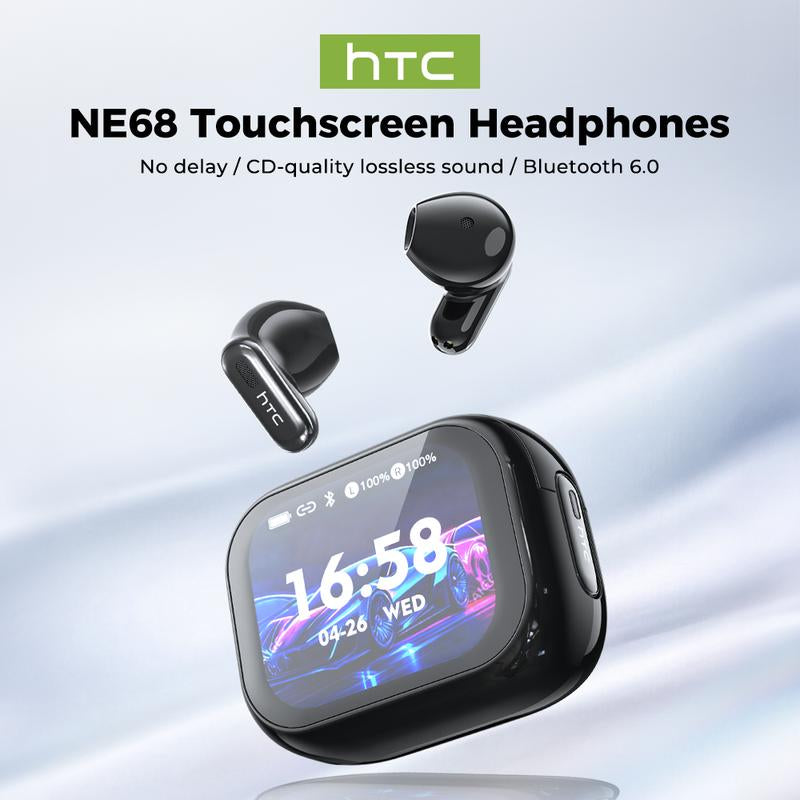 HTC NE68 Bluetooth 6.0 Earphones LCD Touch Screen IPX5 Waterproof Wireless Headphones 60H Playtime, HD Stereo Sound Earbuds, Built-In Microphone for Travel Learning Business