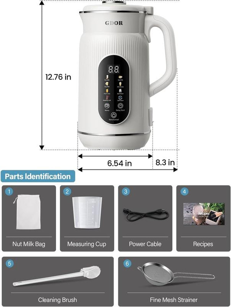 GDOR Nut Milk Maker 42Oz Almond Oat Soy Milk Machine & Smoothie Blender 9-In-1 Plant-Based with Large Touch Screen Keep Warm Boil Water Self-Cleaning