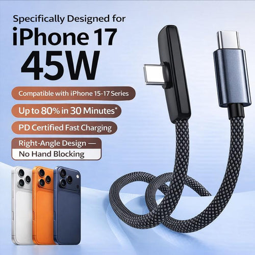 45W USB-C Right Angle Fast Charging Cable for Iphone 15/16/17 Series PD Type-C Charger 90 Degree Gaming Cord No Hand Blocking Durable Braided Data Power Cable